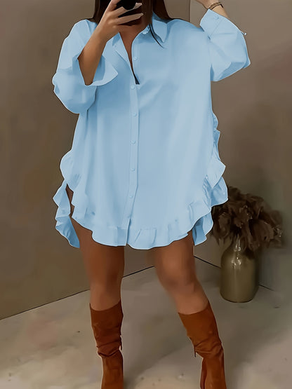 Women's Plus Size Casual Shirt With Ruffle Hem, Solid Color, Woven Polyester, Non-Stretch, Pointed Collar, Button Front, For All Seasons