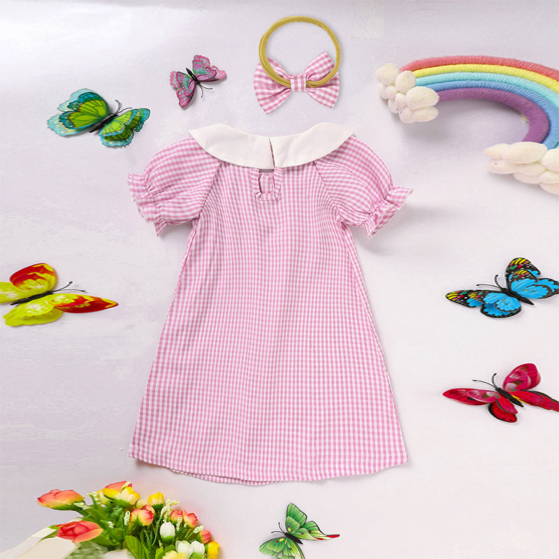 Toddler Girl's Round Neck Short Sleeve Dress, Checkered Pattern With Bunny Bow Embroidery A-Line Summer Dress