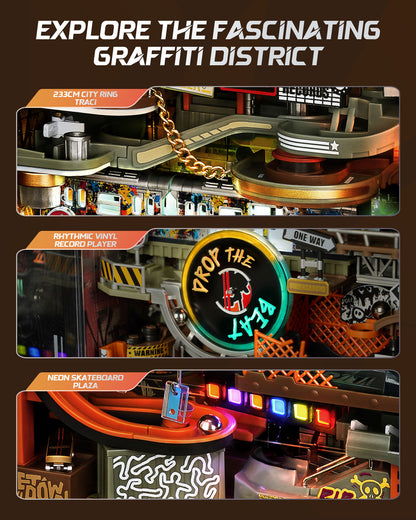 ROKR Parallel World Hip Hop Street Pinball Track, Mechanical 3D Puzzle With LED Lights And Automatic Lifting Function, USB Powered, Cyberpunk Desktop Ornament, DIY Model Assembly Kit MR03S
