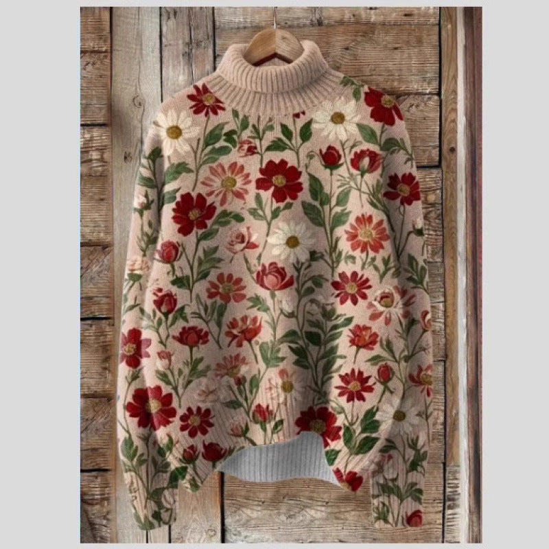 Printed Casual Turtleneck Bedford Cord Sweater