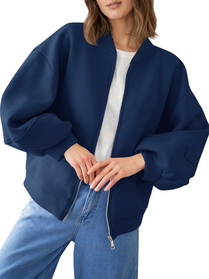 Fisoew Womens Zip Up Sweatshirt Casual Bomber Jacket Lantern Sleeve Oversized Jacket Fall Outfits 2025