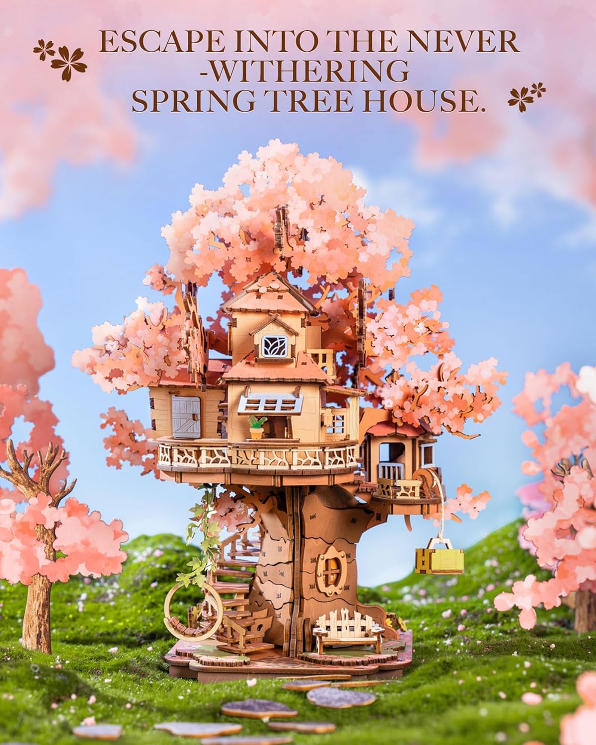 Rolife DIY Miniature Sakura House Set - Sakura Tree House, 3D Wooden Japanese Sakura Building Kit With Swing And Spiral Staircase, 535 Pieces, Bonsai Craft Home Decor Gift For Adults And Teens