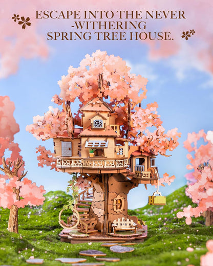 Rolife DIY Miniature Sakura House Set - Sakura Tree House, 3D Wooden Japanese Sakura Building Kit With Swing And Spiral Staircase, 535 Pieces, Bonsai Craft Home Decor Gift For Adults And Teens