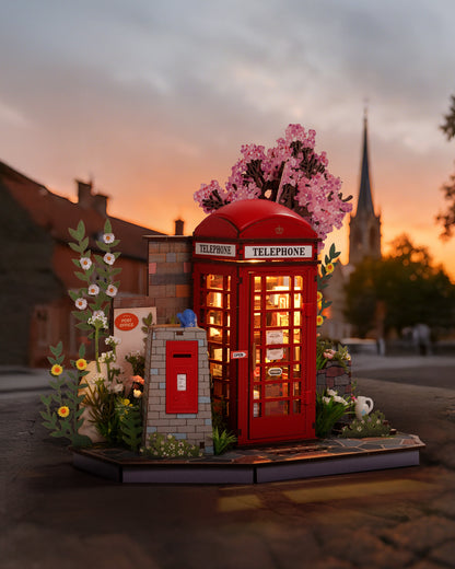 Robotime Cherry Blossom Book Stand 3D Wooden Puzzle Set - 116-Piece Mini Telephone Booth Model With LED Light, DIY Craft Toy, Home Desktop Decoration, Gift For Adults & Teens