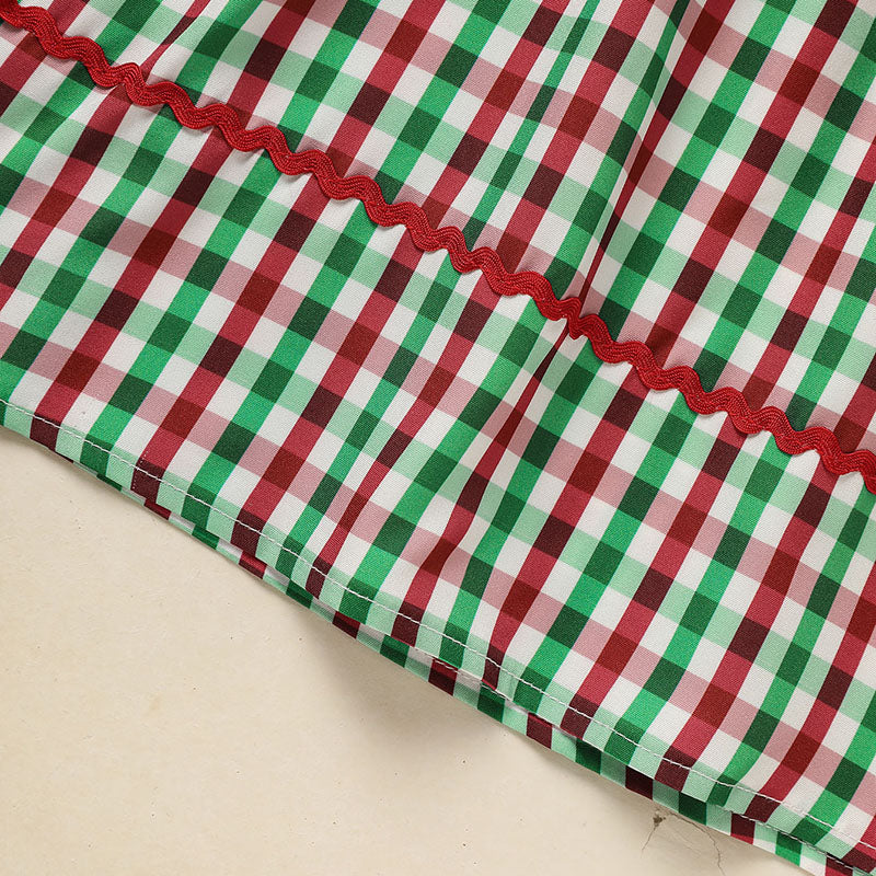 Toddler Infant Baby Girls Christmas Dress Short Sleeve Christmas Tree Embroidered Plaid Casual Party Dresses
