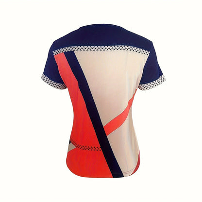 Women's Color Block Zipper T-Shirt, Casual Short Sleeve Summer Top