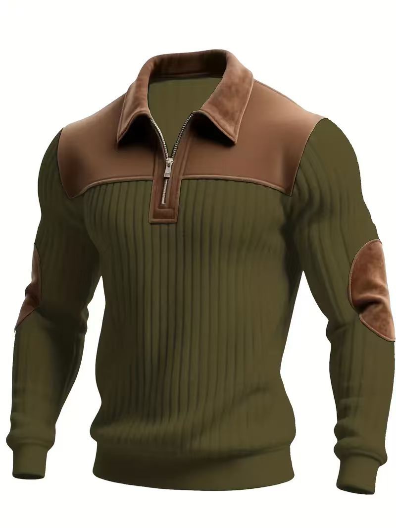 Notched-collar Patchwork Knit Top With Embroidered Zipper Hoodie