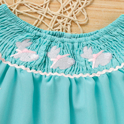 Toddler Girl's Bunny Dress Bow Headband Ruffle Sleeve Smocked Dress With Rabbit Embroidery For Summer