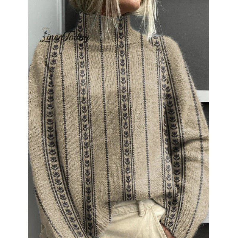 Printed Casual Turtleneck Bedford Cord Sweater