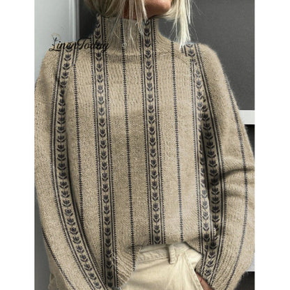 Printed Casual Turtleneck Bedford Cord Sweater