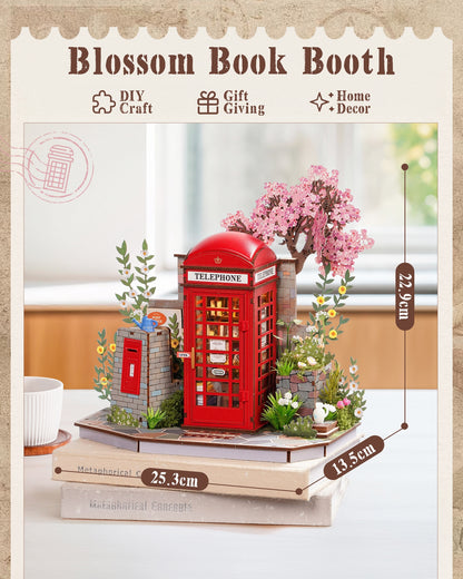 Robotime Cherry Blossom Book Stand 3D Wooden Puzzle Set - 116-Piece Mini Telephone Booth Model With LED Light, DIY Craft Toy, Home Desktop Decoration, Gift For Adults & Teens