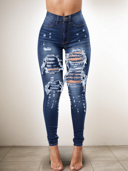 Versatile Women's High Waisted Elastic Ripped Tight Jeans, High-quality, Easy To Fit, Comfortable And Fashionable - Street Style Sexy Basic Jeans, Women's Jeans And Clothing