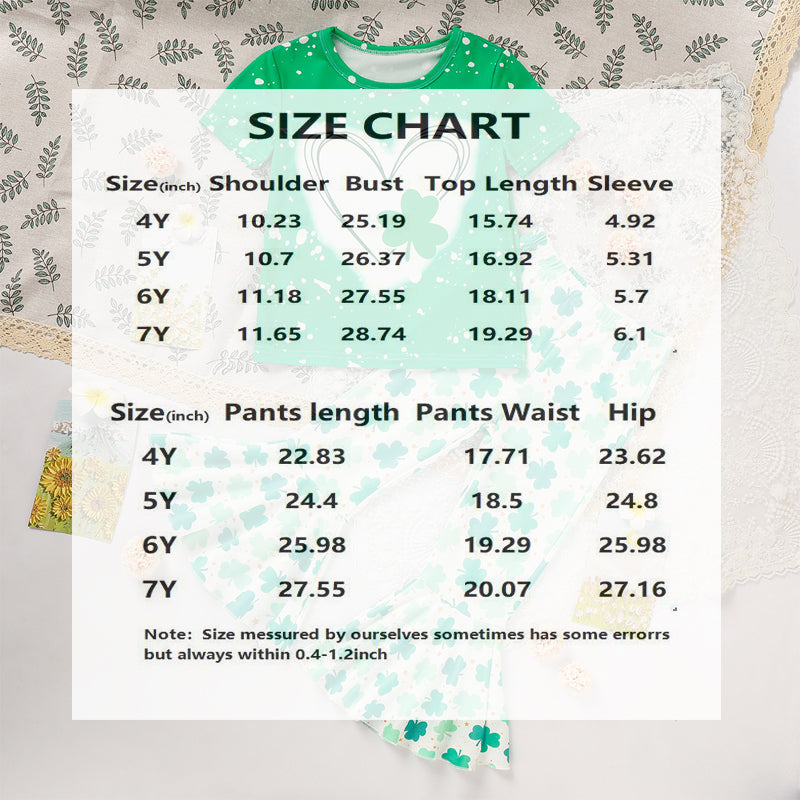 Girl's Clover Print 2-Piece Set, Short Sleeve T-Shirt And Flare Leg Pants For Spring And Summer