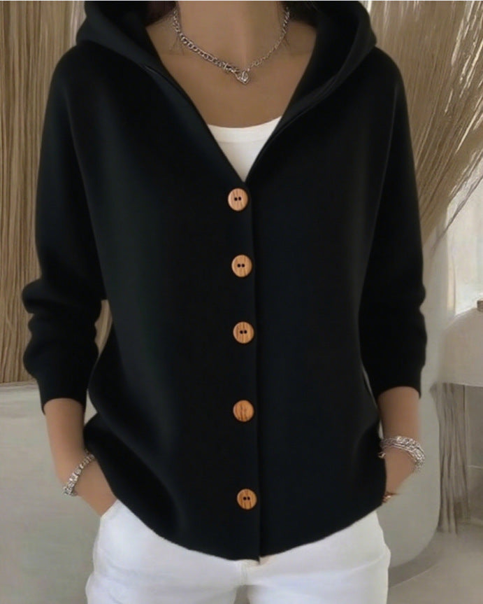Ins Button Hooded Sweater Fashion Autumn And Winter Knitted Cardigan Casual Commuter Long Sleeve Top Women's Clothing