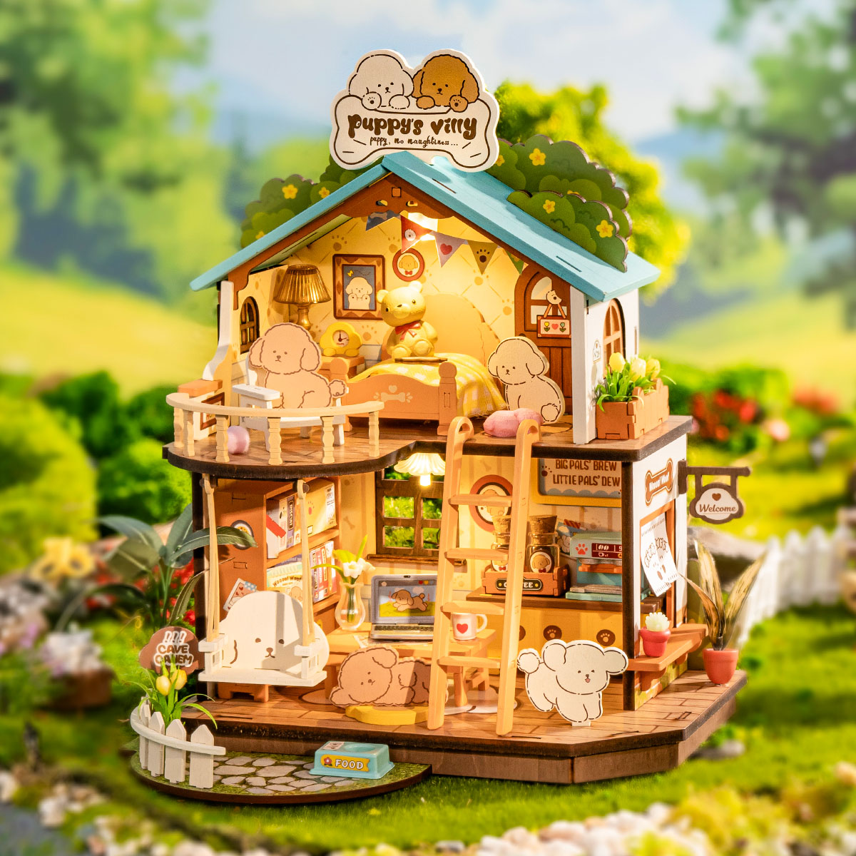 ROBOTIME DIY Miniature Dollhouse Kit - Puppy's Cozy Villa With LED Lights And Furniture, Wooden Model Building Set For Adults And Kids, Creative Gift For Leisure Time
