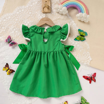 Toddler Girl's Ruffle Sleeve Dress Rainbow Embroidery & Bow Detail With Back Button Closure