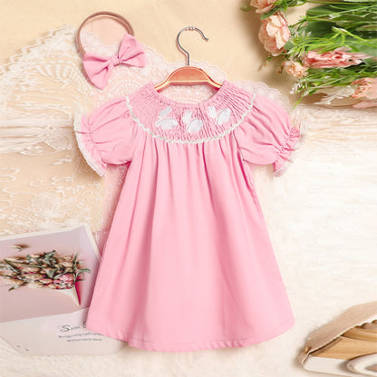 Toddler Girl's Bunny Dress Bow Headband Ruffle Sleeve Smocked Dress With Rabbit Embroidery For Summer