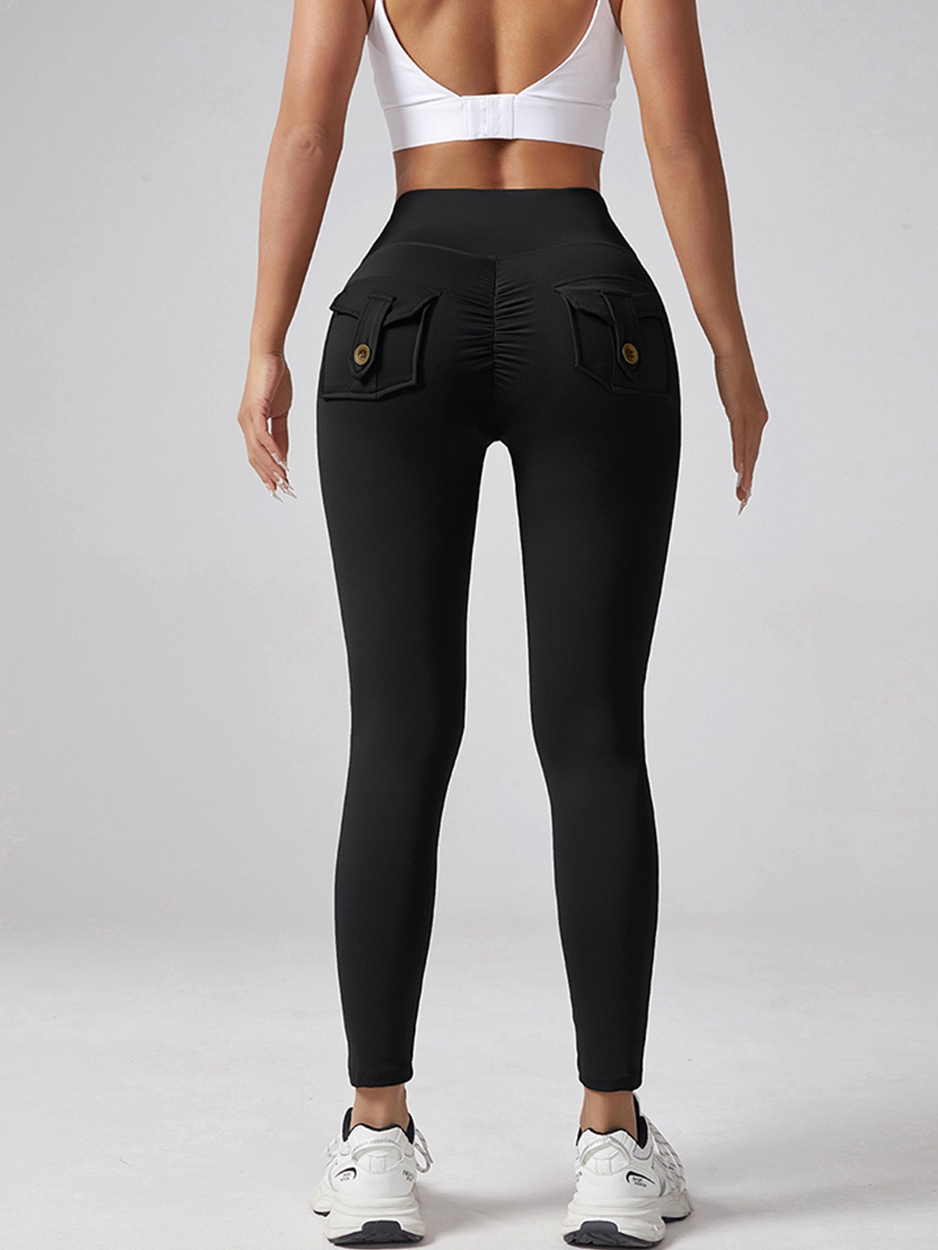 Yoga Waist Pleated Peach Hip Lifting Sports Pants For Female Workers, Pocket High Waisted Button Down Pants