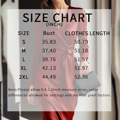 Women's Burgundy Satin Midi Dress Elegant V-Neck Long Sleeve Bodycon Dress With Belted Waist