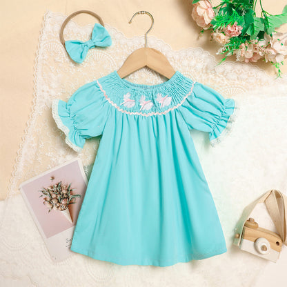 Toddler Girl's Bunny Dress Bow Headband Ruffle Sleeve Smocked Dress With Rabbit Embroidery For Summer
