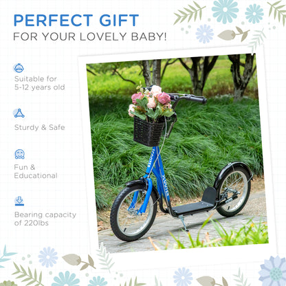 Youth Scooter, Kick Scooter with Adjustable Handlebars, Double Brakes, 16" Inflatable Rubber Tires, Basket, Cupholder, Blue