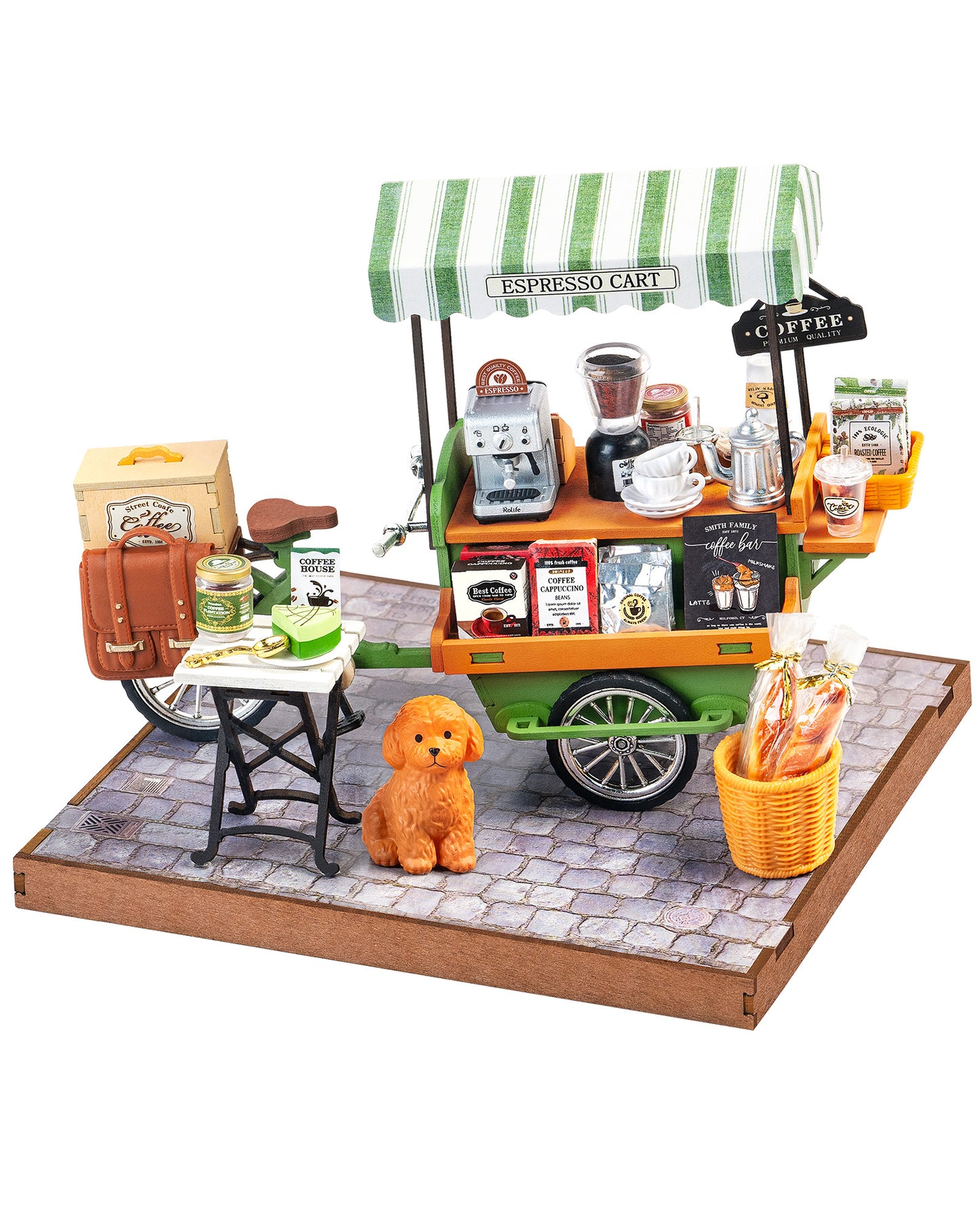 Rolife Coffee Cart Mini DIY Kit, 290-piece 3D Wooden Dollhouse Model, European Street Style, No Glue Required, Desktop Decoration And Handmade Gift For Adults
