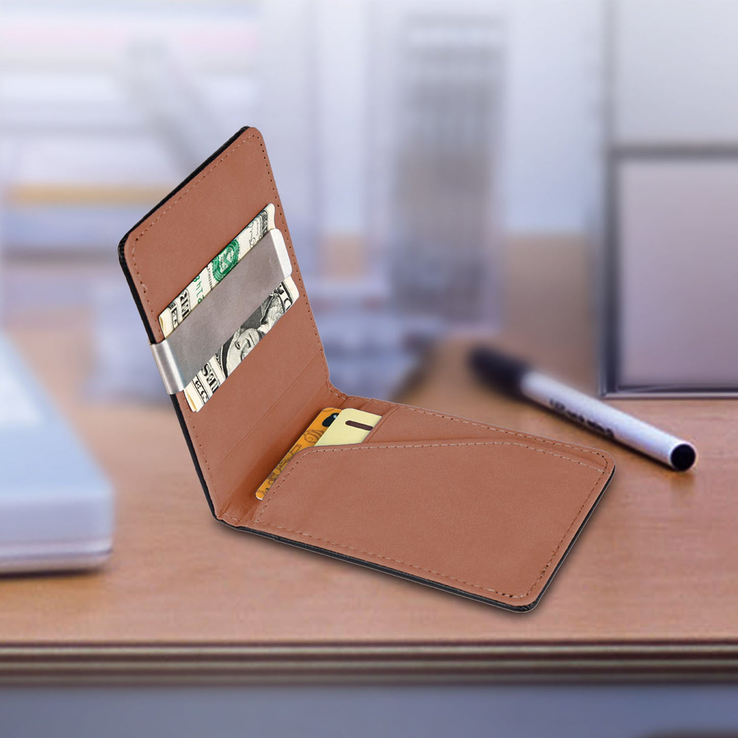 1Pc Unisex PU Leather Wallet For Women Blocking Slim Credit Card Holder With Money Clip