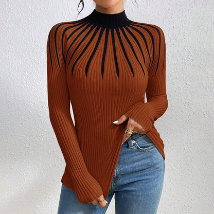 Womens Slim Fit Mock Neck Sweater, Ribbed Striped Long Sleeve Knit For Fall Winter