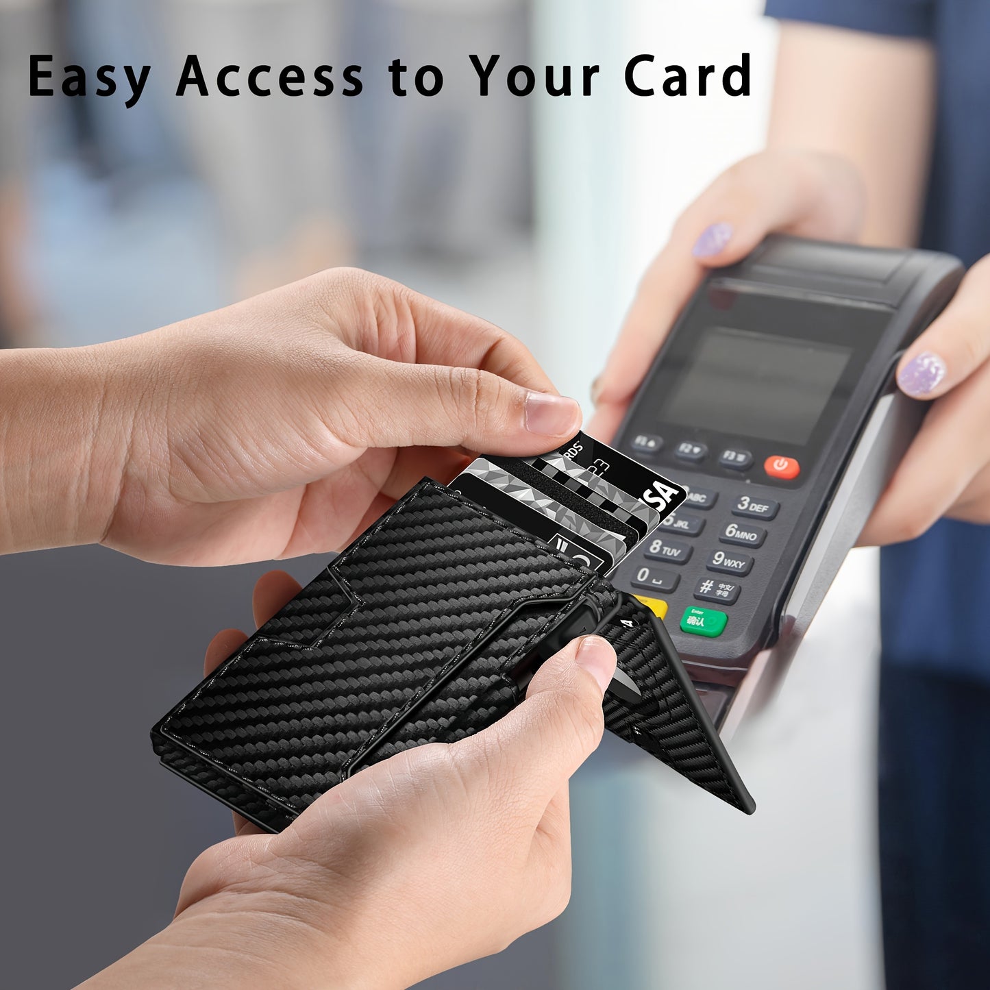 Men's Carbon Fiber RFID Blocking Bi-Fold Wallet With Pop-Up Aluminum Card Slot And AirTag Slot - Minimalist Black Credit Card Holder