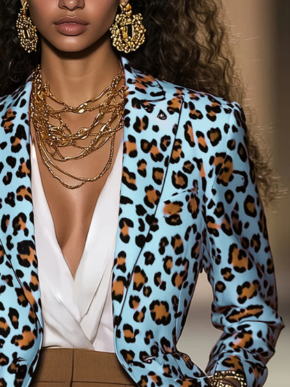 Women's Pink Leopard Blazer Long Sleeve Button Front Notch Lapel Jacket For Casual Office Work Wear