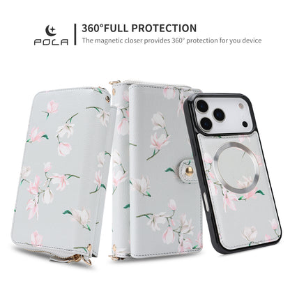 Crossbody Wallet Case For Phone 17 Pro Max 6.9 Inch Magnetic Detachable Floral PU Leather Phone Case With RFID Blocking Card Holder Wristlet Mirror Flip Zipper Shoulder Purse For Women