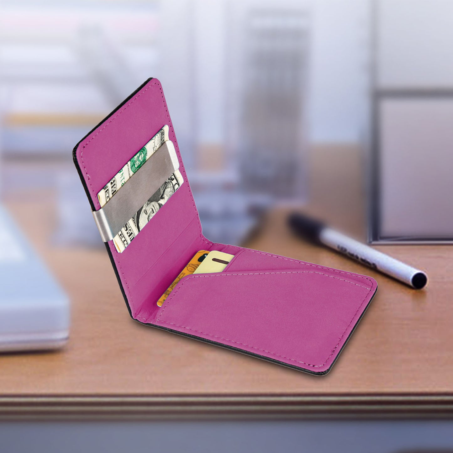 1Pc Unisex PU Leather Wallet For Women Blocking Slim Credit Card Holder With Money Clip