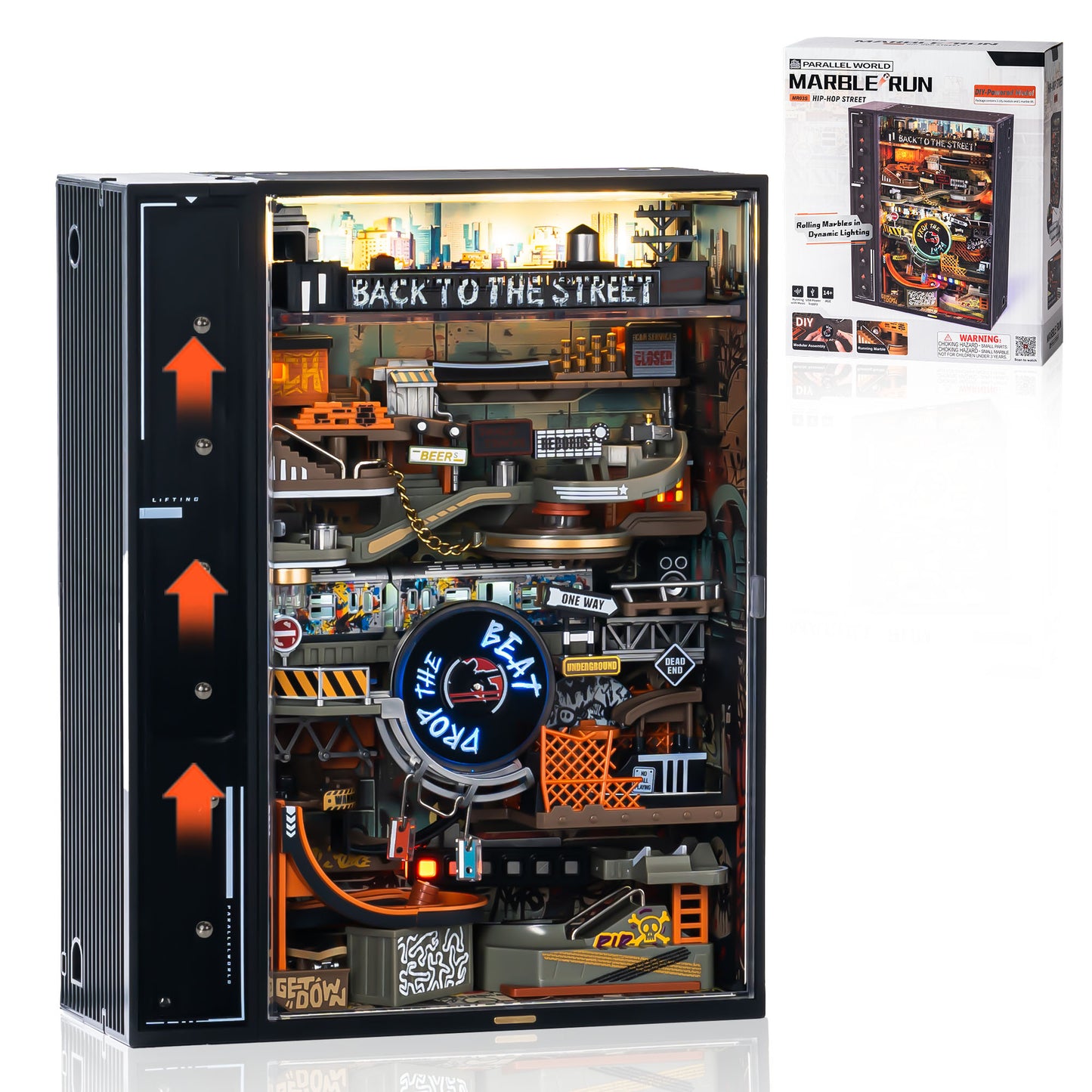 ROKR Parallel World Hip Hop Street Pinball Track, Mechanical 3D Puzzle With LED Lights And Automatic Lifting Function, USB Powered, Cyberpunk Desktop Ornament, DIY Model Assembly Kit MR03S