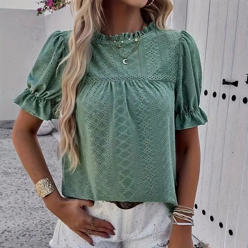 Women's Elegant Ruffle Detail Blouse Short Sleeve Round Neck Top