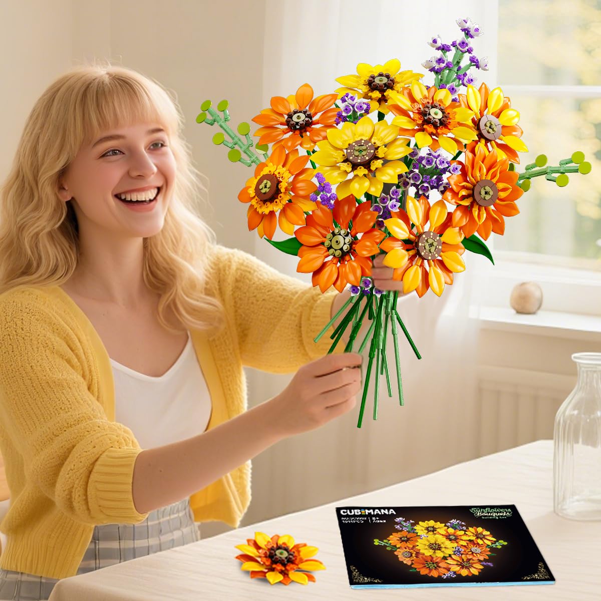 Flowers Sunflower Bouquet Building Set With Lights - 17 Flowers Botanical  Artificial Plant Sunflower Building Blocks Art Home Decor Easter Gifts For Adults Women Girl