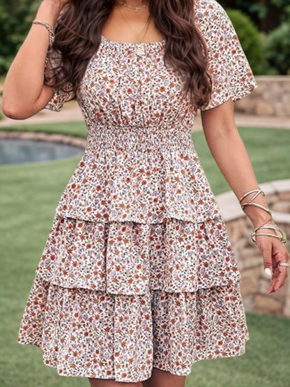 Women’s New Floral Summer Short Dress Square Neck Short Sleeve Layered Folded Bohemian Pendant Skirt