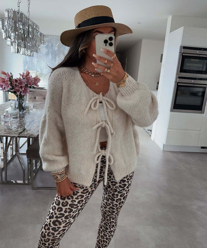 Casual Knitted Bow Lace Up Cardigan Women Solid O-neck Short Sleeve Hollow Out Sweater Female Autumn Lady Solid Streetwear