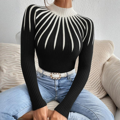 Womens Slim Fit Mock Neck Sweater, Ribbed Striped Long Sleeve Knit For Fall Winter