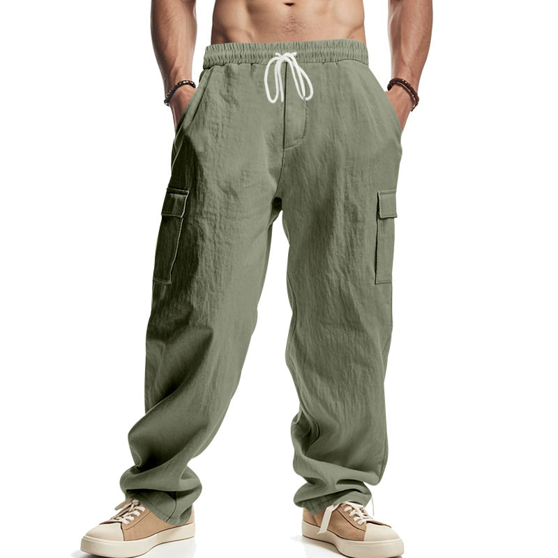 Men's Workwear Multi-pocket Straight Linen Pants Linen Four Seasons Thin Breathable Cargo Pants, Multi-pocket Loose Casual Trendy Wide-leg Pants