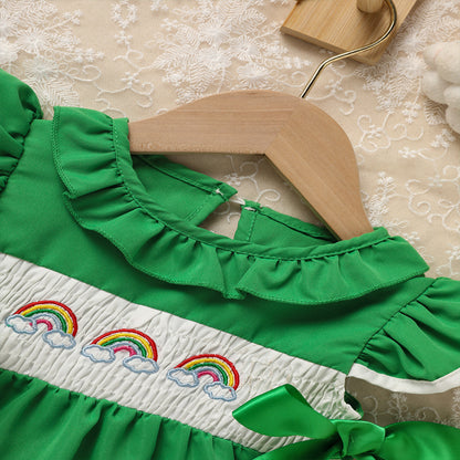 Toddler Girl's Ruffle Sleeve Dress Rainbow Embroidery & Bow Detail With Back Button Closure