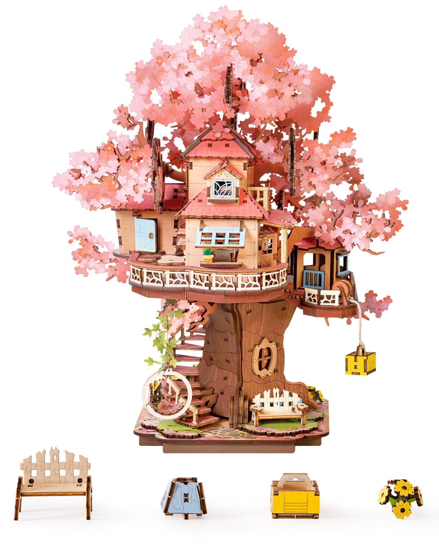 Rolife DIY Miniature Sakura House Set - Sakura Tree House, 3D Wooden Japanese Sakura Building Kit With Swing And Spiral Staircase, 535 Pieces, Bonsai Craft Home Decor Gift For Adults And Teens