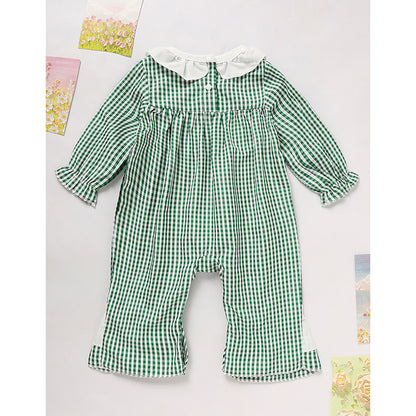 Ewborn Baby Girls Green Plaid Four-leaf Clover Allover Print One-piece Long Sleeve Bodysuit