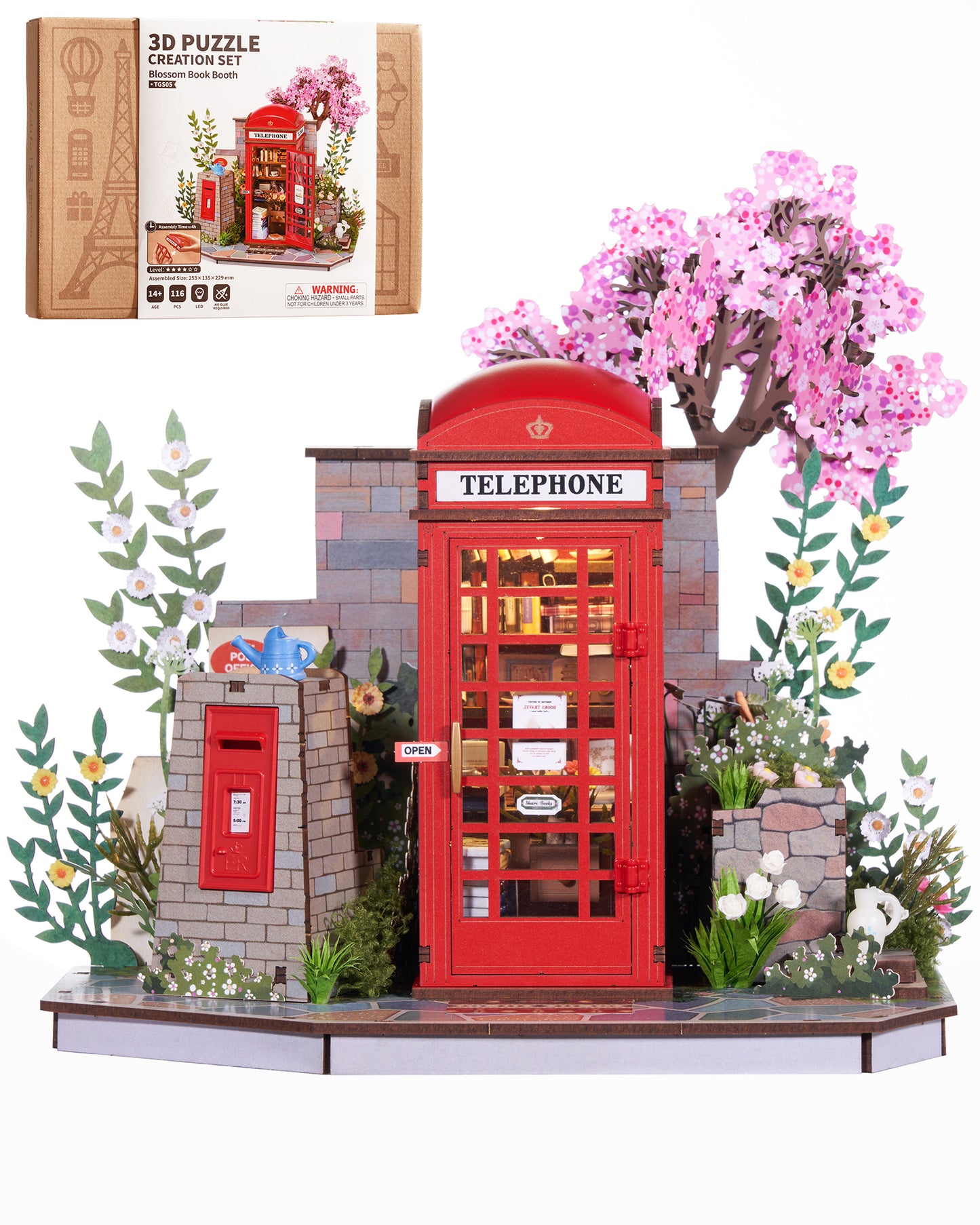 Robotime Cherry Blossom Book Stand 3D Wooden Puzzle Set - 116-Piece Mini Telephone Booth Model With LED Light, DIY Craft Toy, Home Desktop Decoration, Gift For Adults & Teens