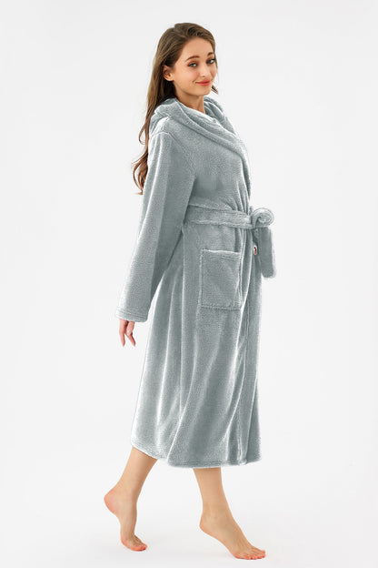 RONGTAI Womens Hooded Robe Long Plush Fleece Bathrobe With Pockets Nightwear S-XXL