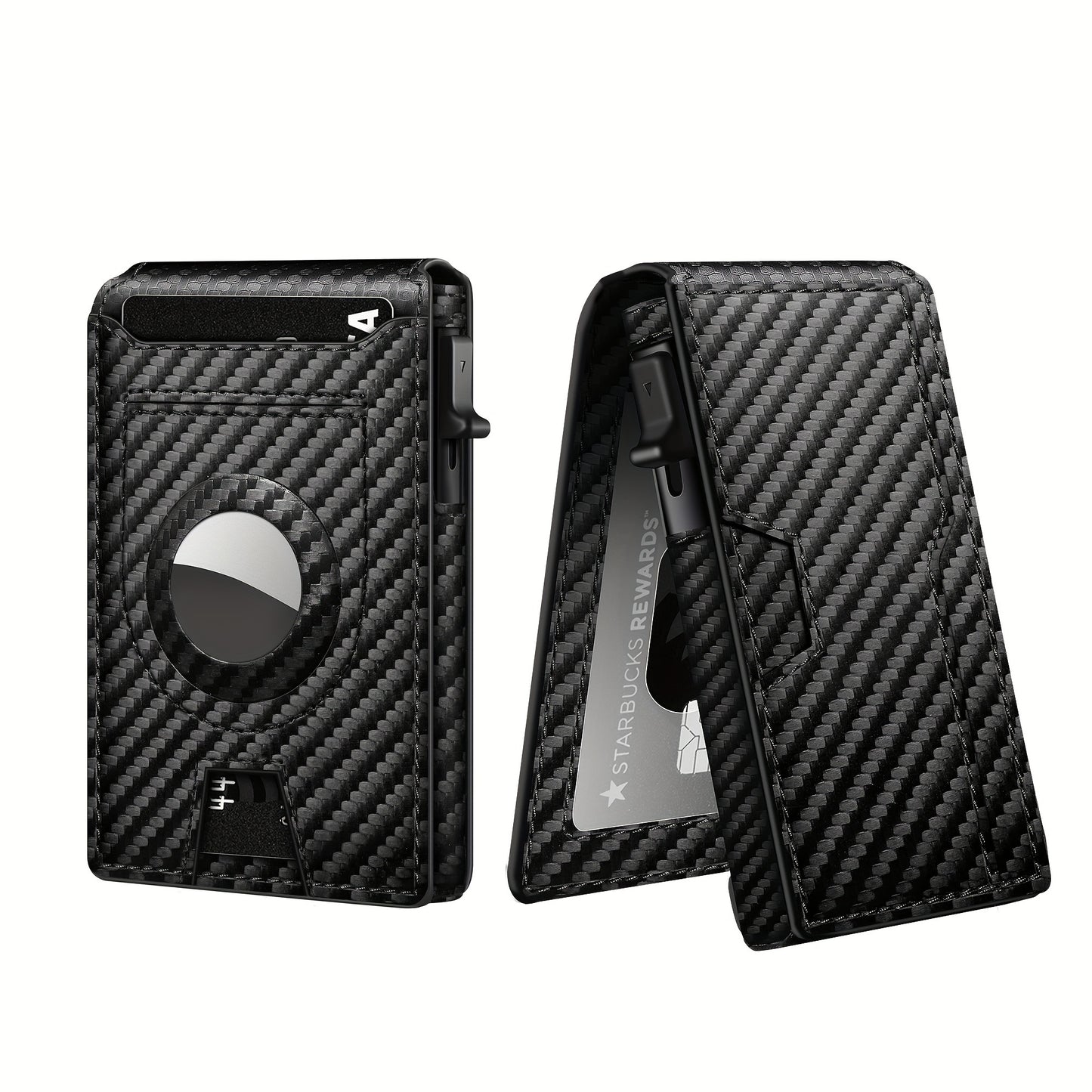 Men's Carbon Fiber RFID Blocking Bi-Fold Wallet With Pop-Up Aluminum Card Slot And AirTag Slot - Minimalist Black Credit Card Holder