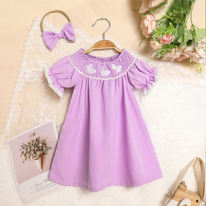 Toddler Girl's Bunny Dress Bow Headband Ruffle Sleeve Smocked Dress With Rabbit Embroidery For Summer