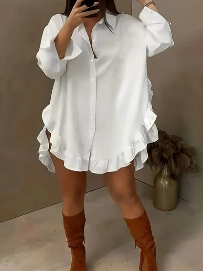 Women's Plus Size Casual Shirt With Ruffle Hem, Solid Color, Woven Polyester, Non-Stretch, Pointed Collar, Button Front, For All Seasons