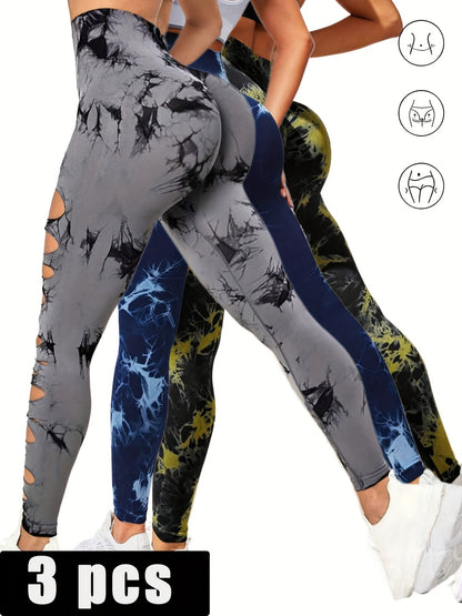 3 Pack Women's Tie Dye Cutout Tights High Waist Workout Yoga Leggings, Scrunch Butt Lifting Elastic Pants, Womens High Waist Yoga Pants Cutout Ripped Tummy Control Workout Running Yoga Skinny Leggings