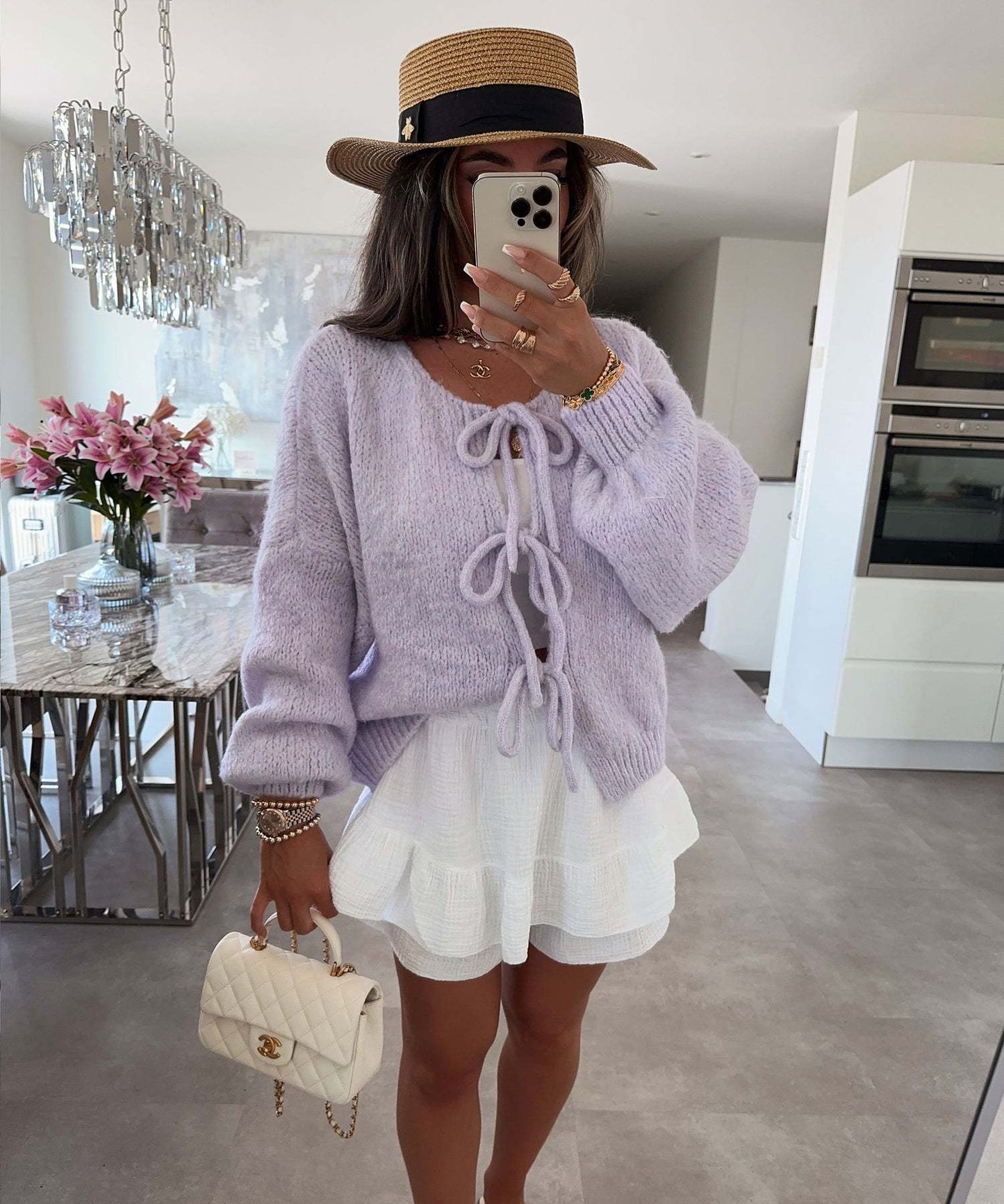 Casual Knitted Bow Lace Up Cardigan Women Solid O-neck Short Sleeve Hollow Out Sweater Female Autumn Lady Solid Streetwear