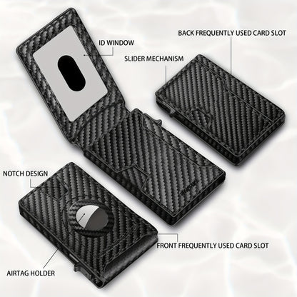 Men's Carbon Fiber RFID Blocking Bi-Fold Wallet With Pop-Up Aluminum Card Slot And AirTag Slot - Minimalist Black Credit Card Holder